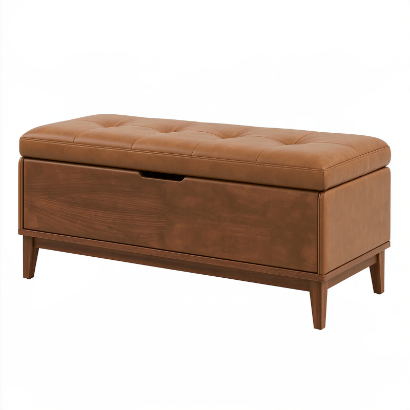 Sitzbank mit Stauraum 120 cm Braun Holz Kunstleder gepolstert
