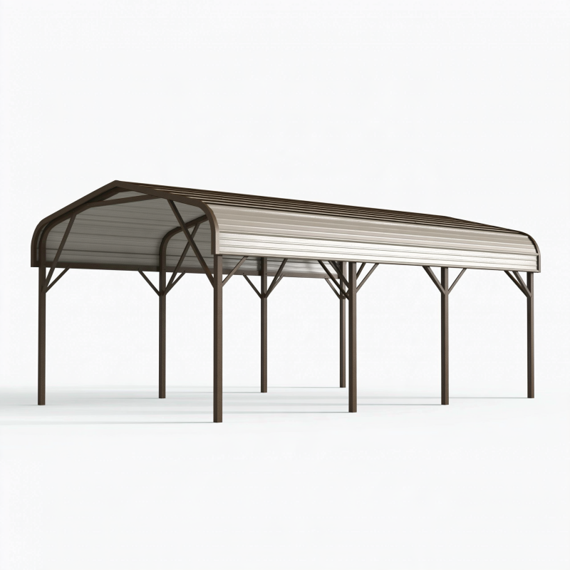 Carport 500 x 300 x 260 cm aus Stahl in Dunkelbraun und Silber mit gebogenem Metalldach