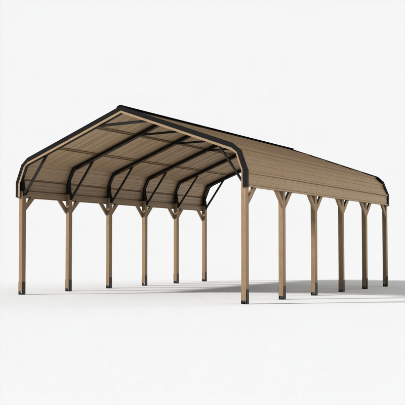 Doppelcarport 600 x 300 x 250 cm aus Holz und Metall in Braun Schwarz mit offenem Stellplatz