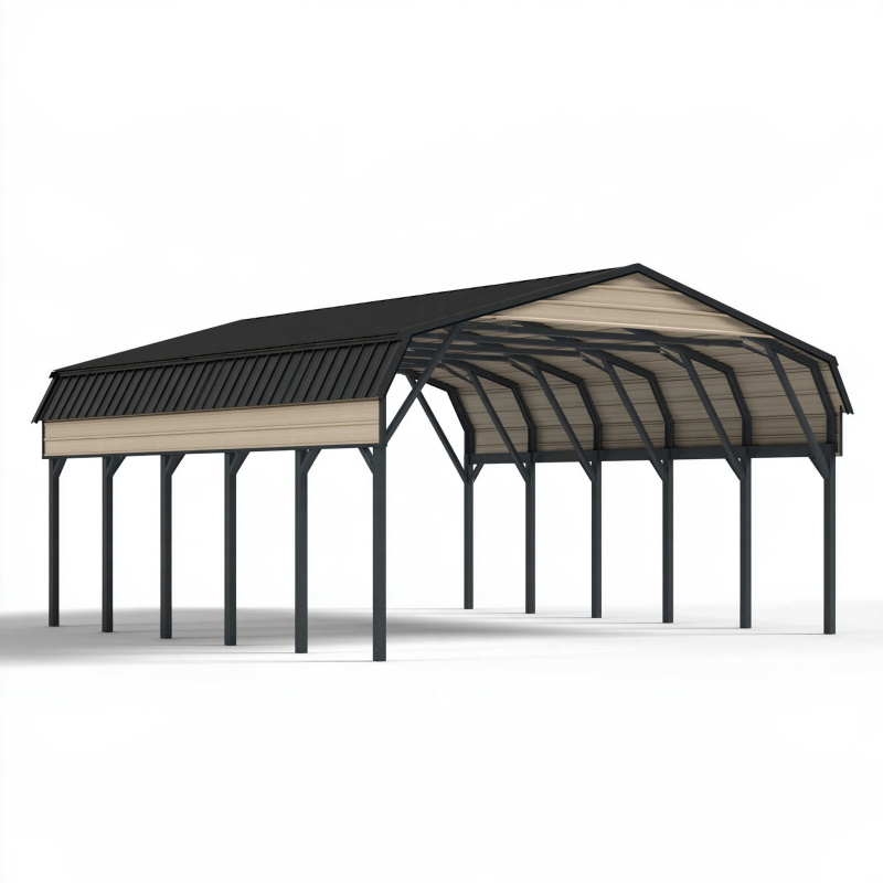 Doppelcarport 600 x 600 cm aus Stahl Schwarz Holzoptik mit Satteldach