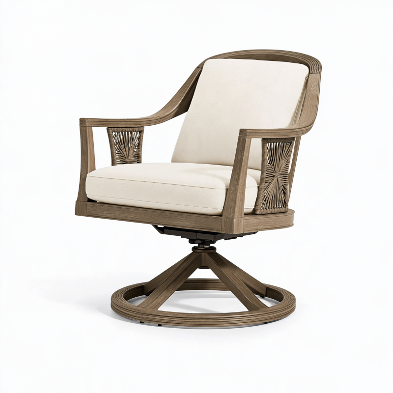 Drehsessel 85 x 82 x 95 cm in Braun Creme mit Holzoptik und Geflecht - gepolsterter Loungesessel