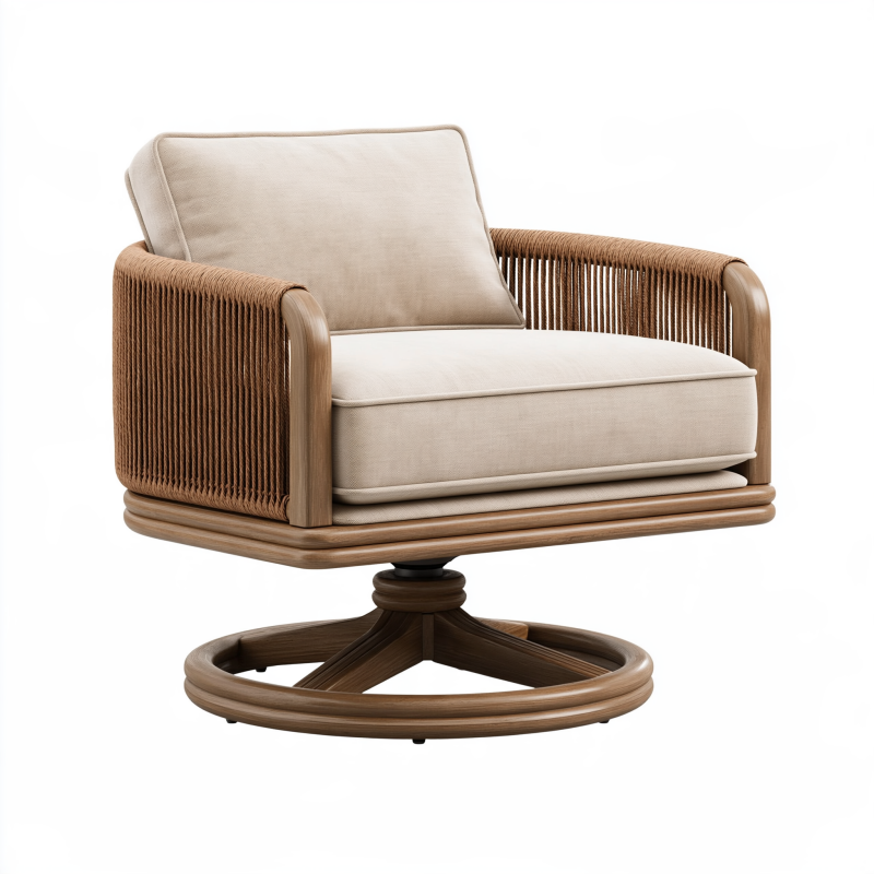 Drehsessel 82 x 78 x 86 cm aus Holz und Flechtgewebe in Naturbeige mit gepolstertem Sitz