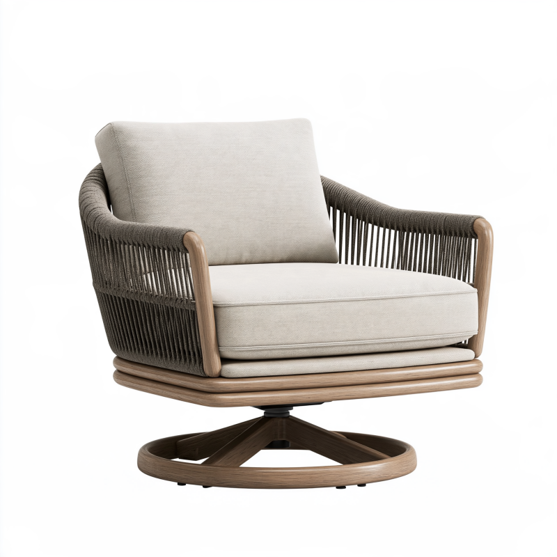 Drehsessel 85 x 82 x 78 cm aus Holz und Seilgeflecht in Beige Braun
