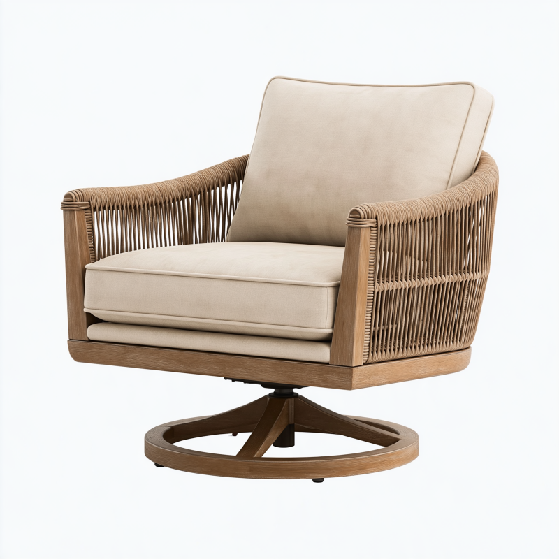 Drehsessel 82 x 85 x 88 cm aus Holz und Flechtkordel in Naturbeige mit Polsterung