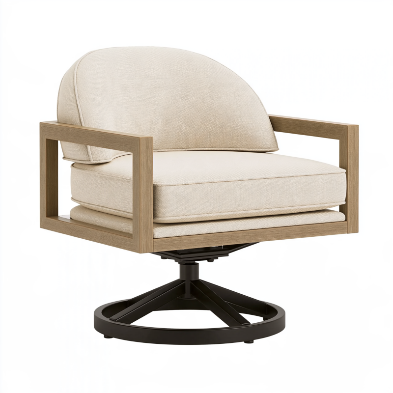 Lounge-Drehsessel 80 x 82 x 82 cm in Creme mit Textilbezug Holzrahmen und Metallfuß