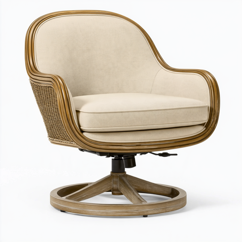 Drehsessel 82 x 86 x 100 cm Beige/Braun mit Stoffbezug Holz und Rattangeflecht