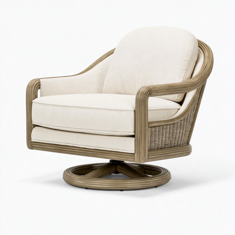Drehsessel 82 x 89 x 94 cm aus Rattan in Beige Natur mit gepolsterter Sitzfläche