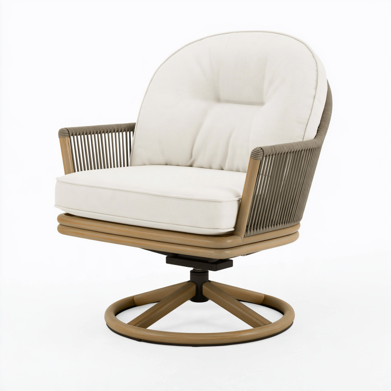 Drehsessel 82 x 85 x 90 cm aus Holz und Geflecht in Beige Naturbraun - Lounge-Sessel mit Drehfuß